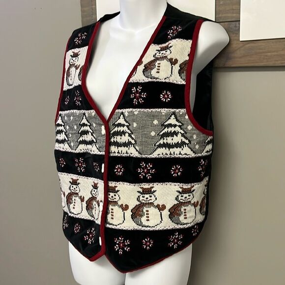TanTrums Vintage Black Button Up Snowman Tree Snowflake Vest- Large - Picture 3 of 16